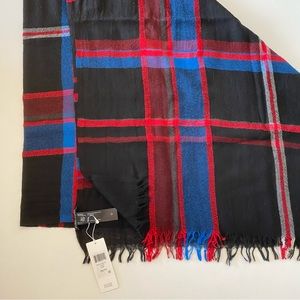 Eileen Fisher Blue Black and Red Plaid Wool Blend Scarf